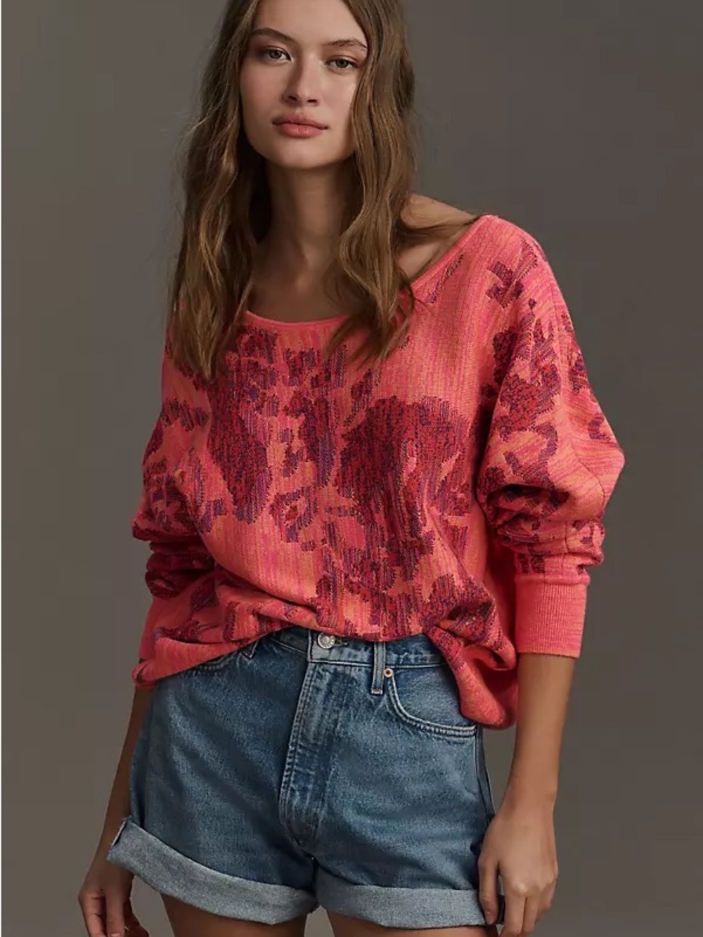 Anthro Coral Floral-Print Lightweight Knit Sweater Top